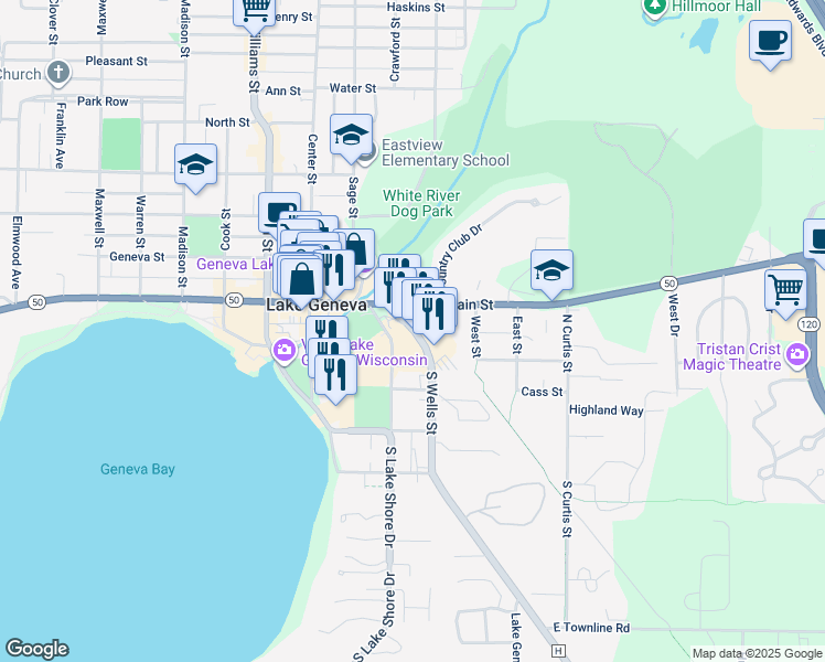 map of restaurants, bars, coffee shops, grocery stores, and more near 131 North Wells Street in Lake Geneva