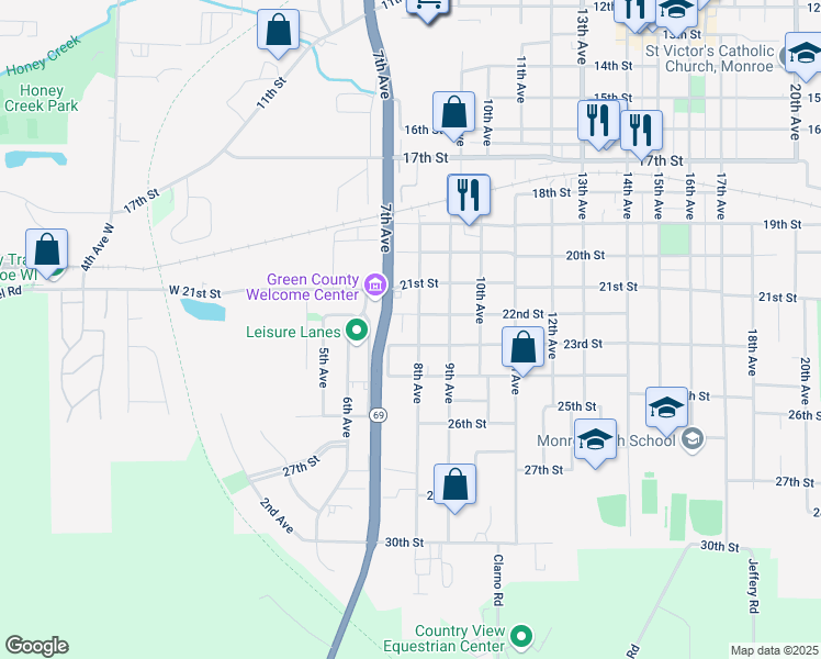 map of restaurants, bars, coffee shops, grocery stores, and more near 2217 8th Avenue in Monroe