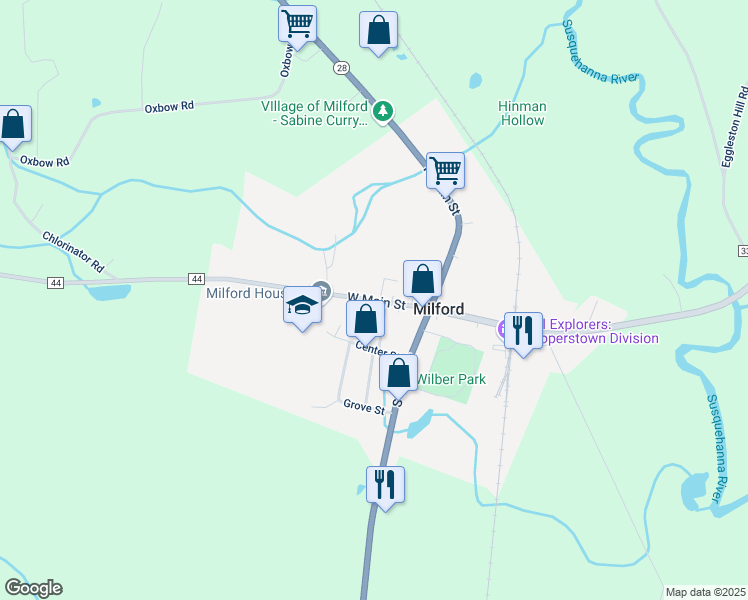 map of restaurants, bars, coffee shops, grocery stores, and more near 89 West Main Street in Milford