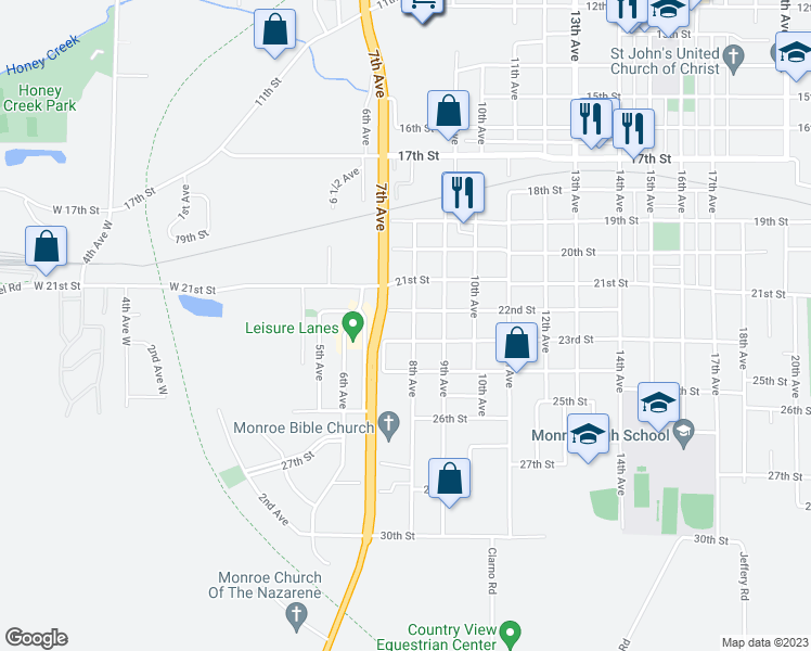 map of restaurants, bars, coffee shops, grocery stores, and more near 2217 8th Avenue in Monroe