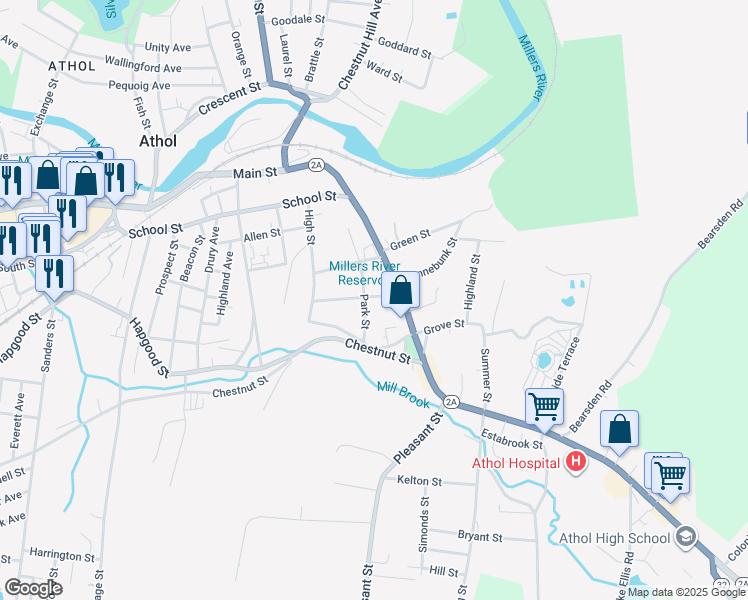 map of restaurants, bars, coffee shops, grocery stores, and more near 54 Central Street in Athol