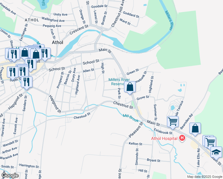 map of restaurants, bars, coffee shops, grocery stores, and more near 131 Central Street in Athol