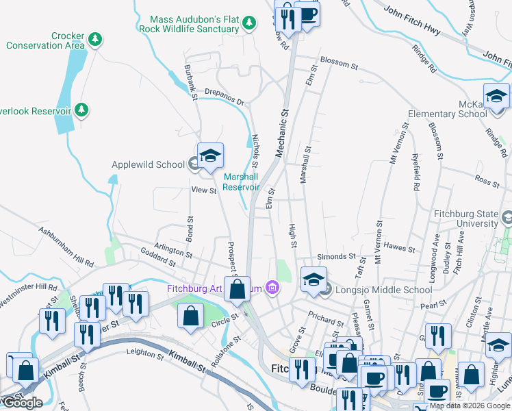 map of restaurants, bars, coffee shops, grocery stores, and more near 151 Mechanic Street in Fitchburg