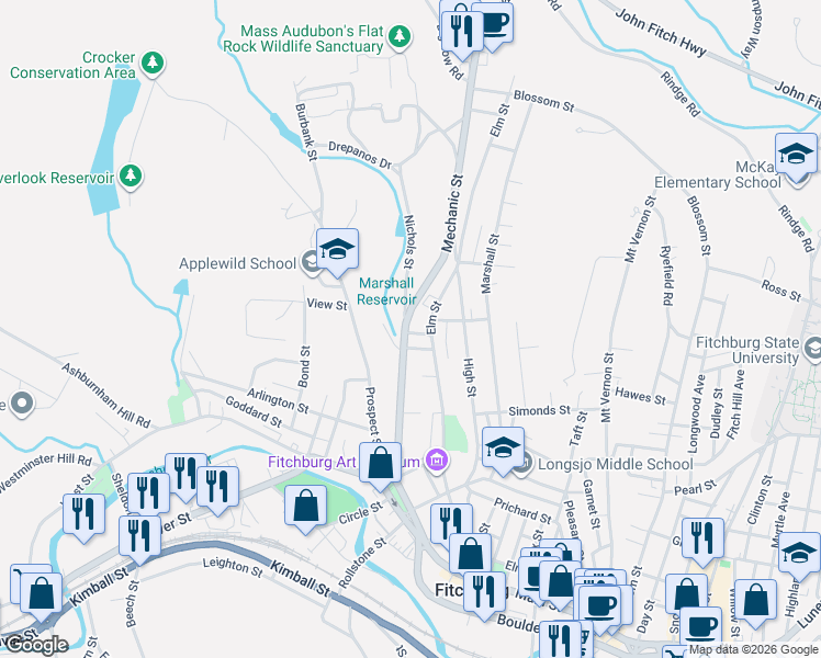 map of restaurants, bars, coffee shops, grocery stores, and more near 152 Mechanic Street in Fitchburg