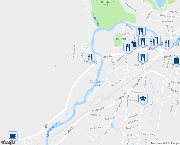 map of restaurants, bars, coffee shops, grocery stores, and more near 25 Bickford Drive in Athol