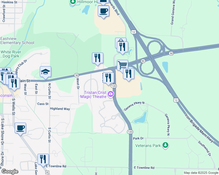 map of restaurants, bars, coffee shops, grocery stores, and more near 232-248 Edwards Blvd in Lake Geneva