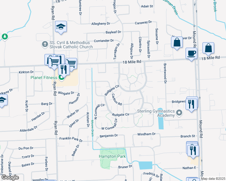 map of restaurants, bars, coffee shops, grocery stores, and more near 4613 Carlton Road in Sterling Heights