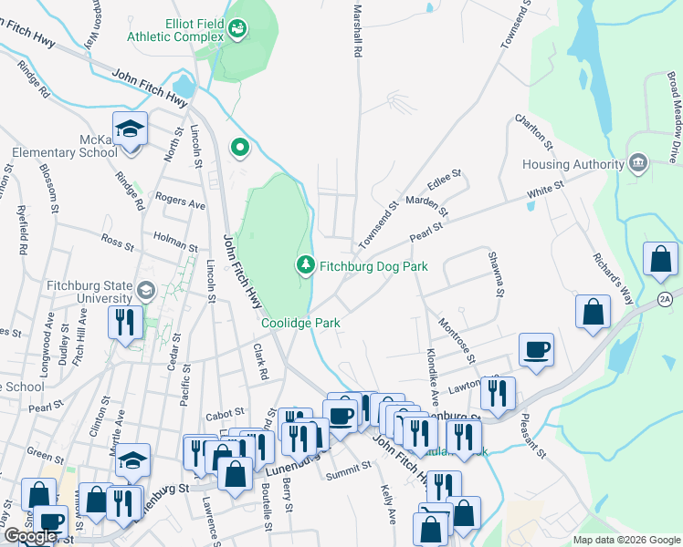 map of restaurants, bars, coffee shops, grocery stores, and more near 280 Townsend Street in Fitchburg