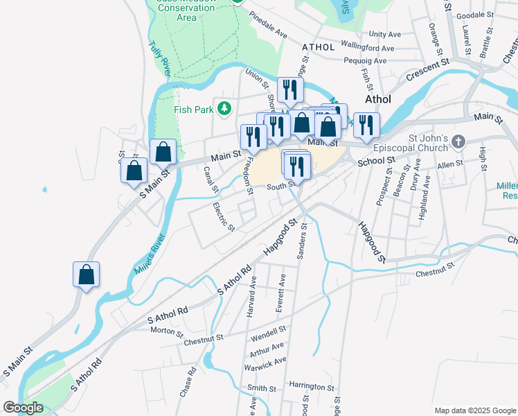 map of restaurants, bars, coffee shops, grocery stores, and more near 204 Freedom Street in Athol