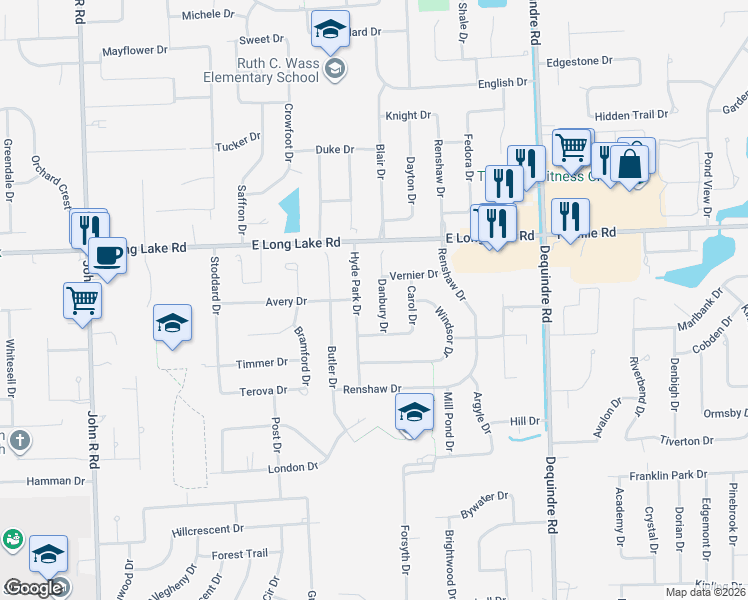 map of restaurants, bars, coffee shops, grocery stores, and more near 4903 Danbury Drive in Troy