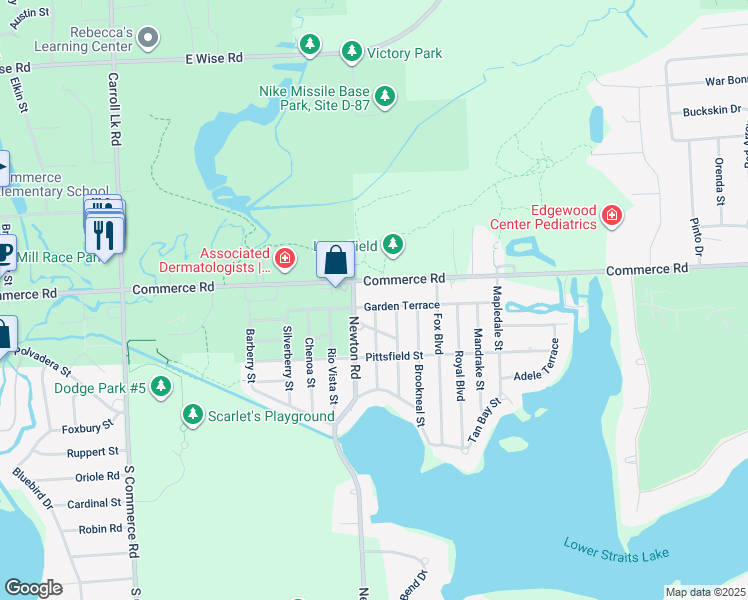 map of restaurants, bars, coffee shops, grocery stores, and more near 9400 Garden Terrace in Commerce Charter Township