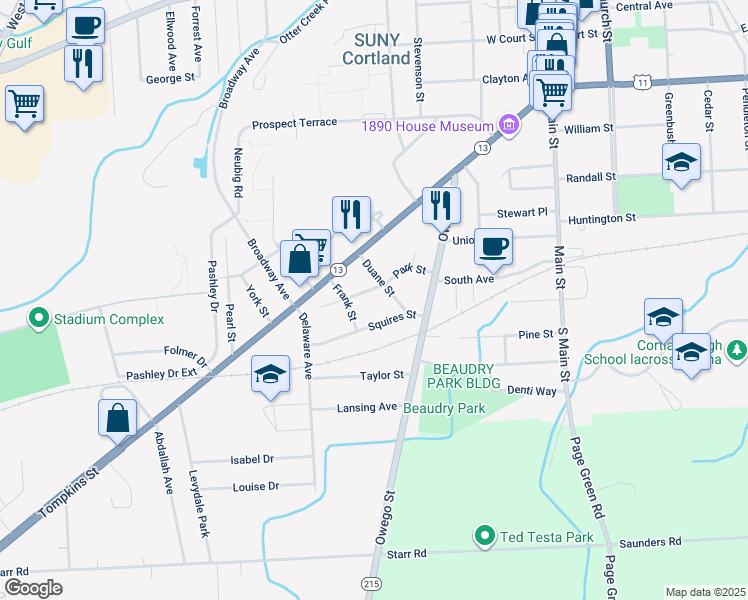 map of restaurants, bars, coffee shops, grocery stores, and more near 23 Park St in Cortland