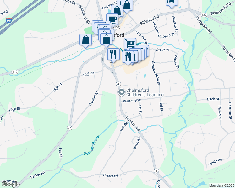 map of restaurants, bars, coffee shops, grocery stores, and more near 65 Boston Road in Chelmsford