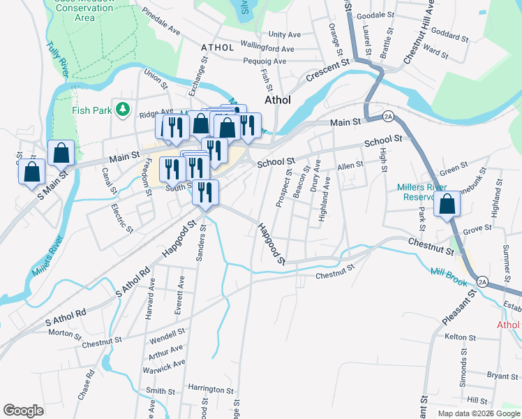 map of restaurants, bars, coffee shops, grocery stores, and more near 187 Cottage Street in Athol