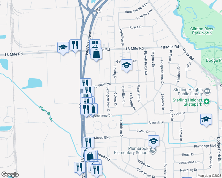 map of restaurants, bars, coffee shops, grocery stores, and more near 40430 Lexington Park Drive in Sterling Heights