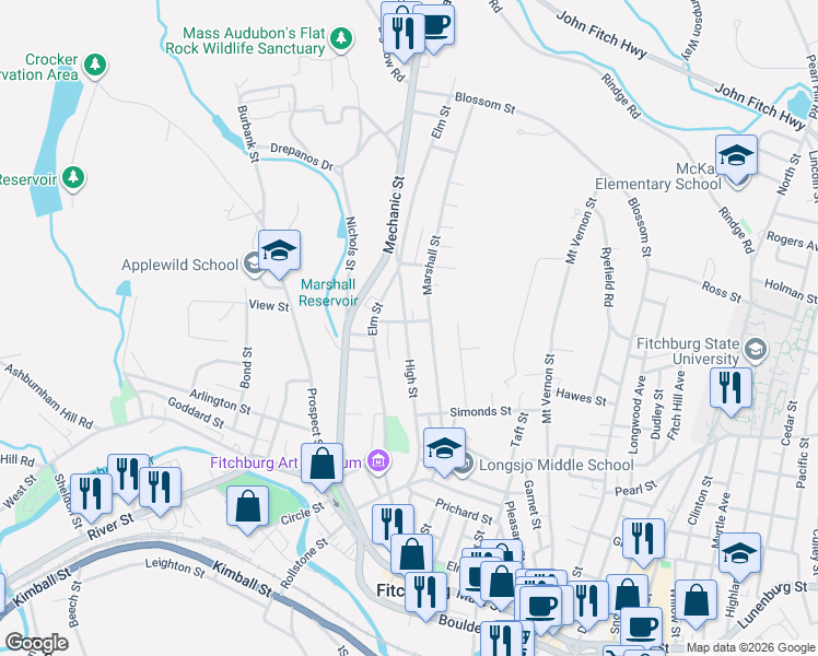map of restaurants, bars, coffee shops, grocery stores, and more near 169 High Street in Fitchburg