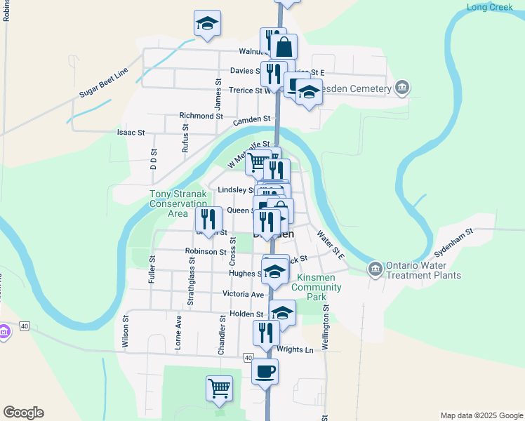 map of restaurants, bars, coffee shops, grocery stores, and more near 184 Queen Street West in Dresden