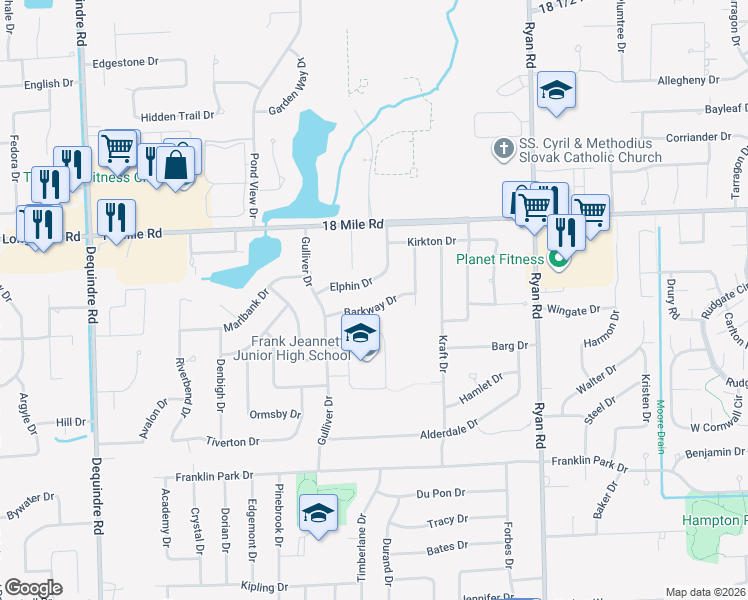 map of restaurants, bars, coffee shops, grocery stores, and more near 3145 Barkway Drive in Sterling Heights