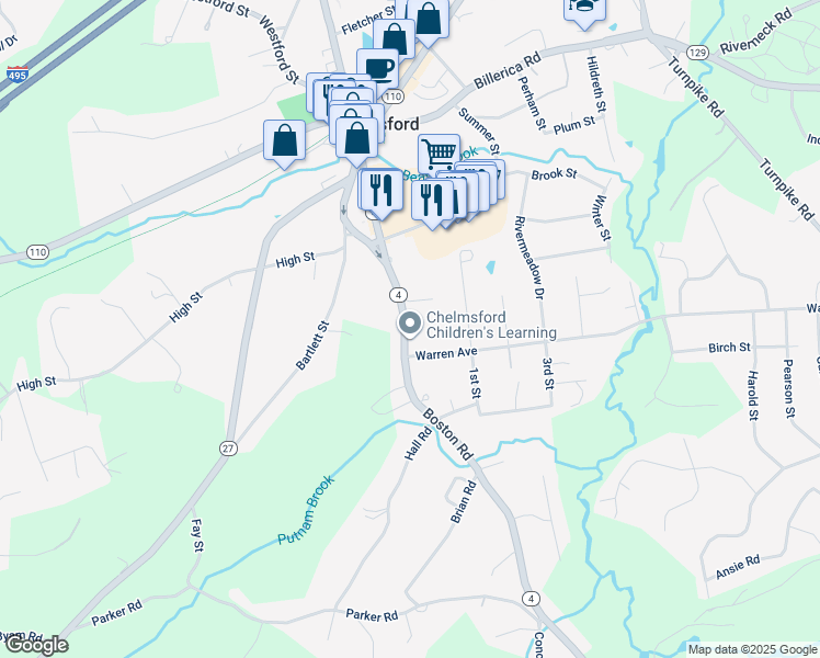map of restaurants, bars, coffee shops, grocery stores, and more near 65 Boston Road in Chelmsford