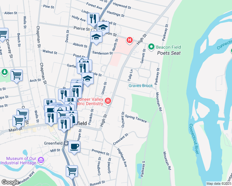 map of restaurants, bars, coffee shops, grocery stores, and more near 71 High Street in Greenfield