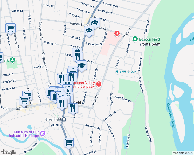 map of restaurants, bars, coffee shops, grocery stores, and more near 23 Union Street in Greenfield