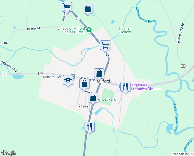 map of restaurants, bars, coffee shops, grocery stores, and more near 89 West Main Street in Milford
