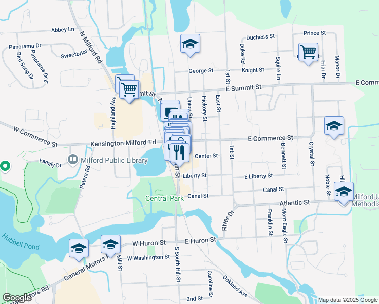 map of restaurants, bars, coffee shops, grocery stores, and more near in Milford