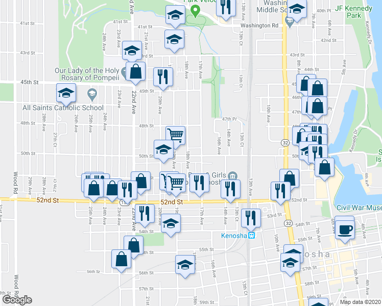 map of restaurants, bars, coffee shops, grocery stores, and more near 1724 50th St in Kenosha