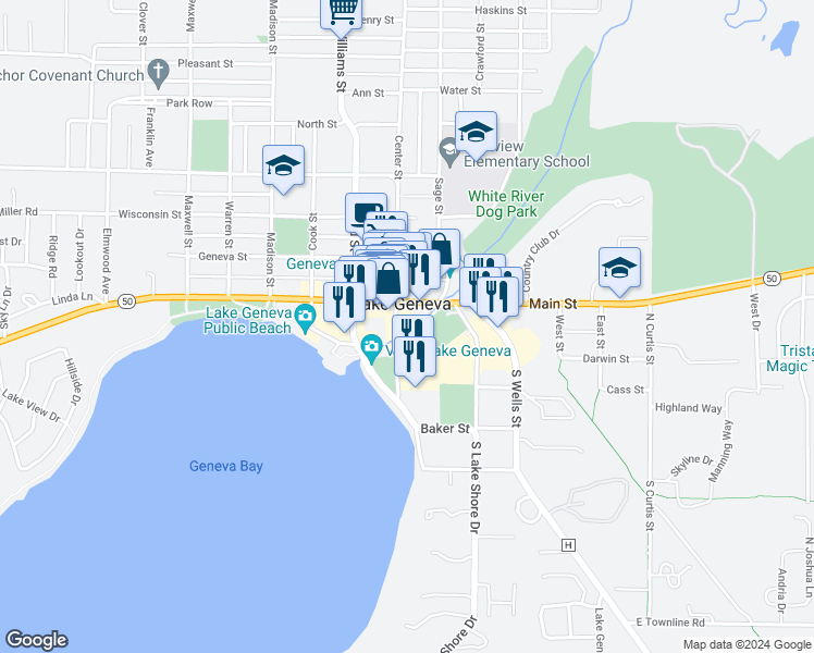 map of restaurants, bars, coffee shops, grocery stores, and more near 626 Geneva Street in Lake Geneva