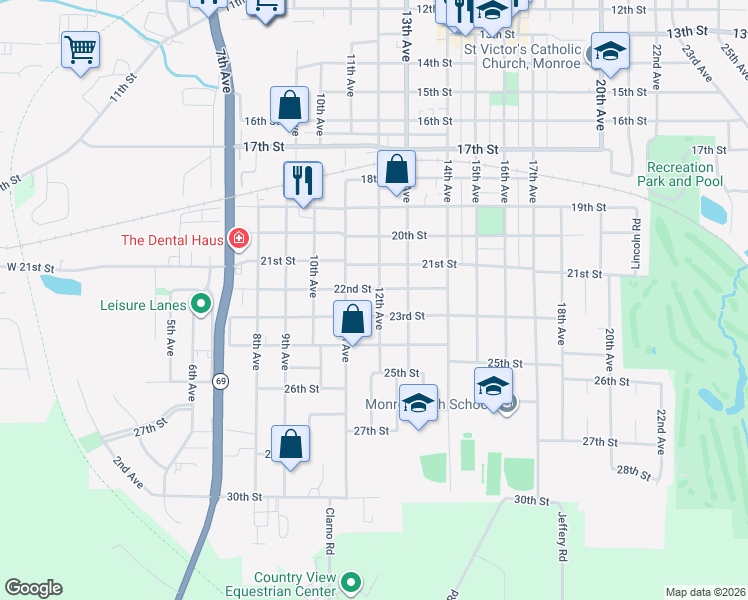 map of restaurants, bars, coffee shops, grocery stores, and more near 1202 22nd Street in Monroe
