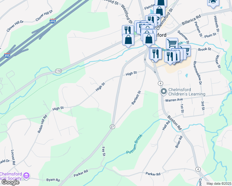 map of restaurants, bars, coffee shops, grocery stores, and more near 71 Acton Road in Chelmsford