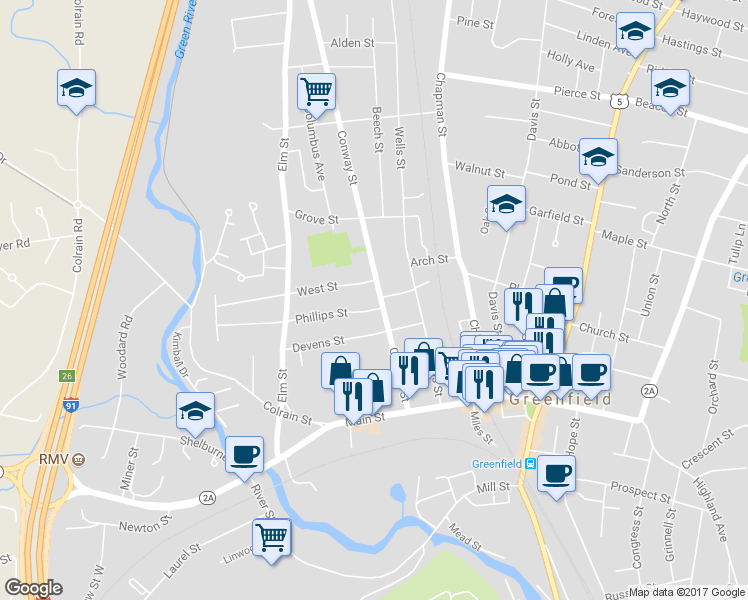 map of restaurants, bars, coffee shops, grocery stores, and more near 108 Conway St in Greenfield