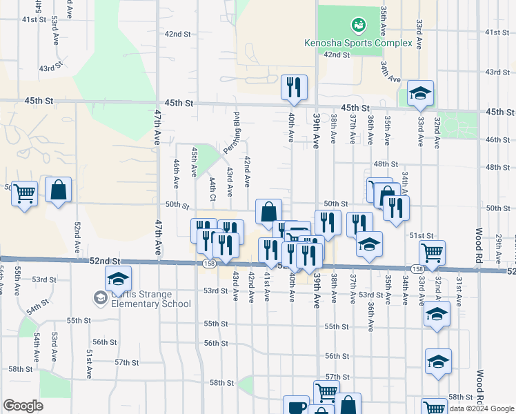 map of restaurants, bars, coffee shops, grocery stores, and more near 4104 50th Street in Kenosha
