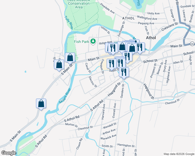 map of restaurants, bars, coffee shops, grocery stores, and more near 9 Hamlet Street in Athol