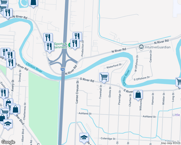 map of restaurants, bars, coffee shops, grocery stores, and more near 25601 South River Road in Macomb County