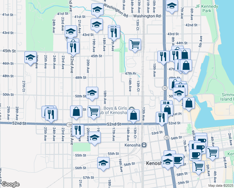 map of restaurants, bars, coffee shops, grocery stores, and more near 1624 50th Street in Kenosha