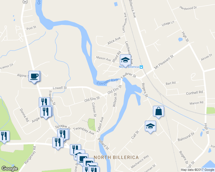map of restaurants, bars, coffee shops, grocery stores, and more near 1 Old Elm Street in Billerica