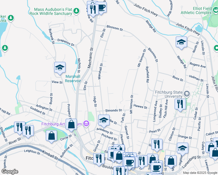map of restaurants, bars, coffee shops, grocery stores, and more near 43 Nutting Street in Fitchburg