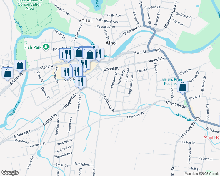 map of restaurants, bars, coffee shops, grocery stores, and more near 150 Prospect Street in Athol