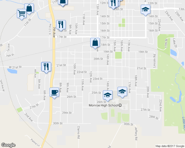 map of restaurants, bars, coffee shops, grocery stores, and more near 1202 22nd Street in Monroe