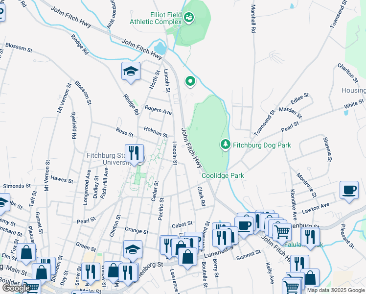 map of restaurants, bars, coffee shops, grocery stores, and more near 855 John Fitch Highway in Fitchburg