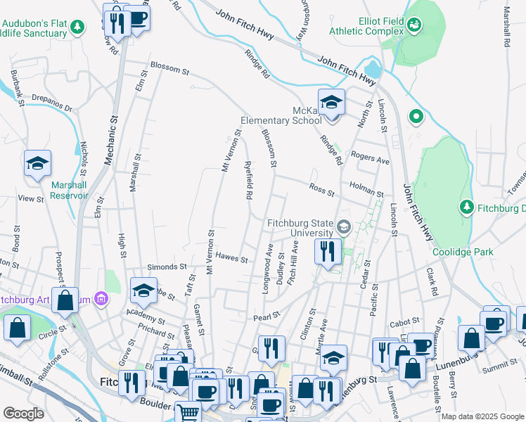 map of restaurants, bars, coffee shops, grocery stores, and more near 62 Wendell Road in Fitchburg