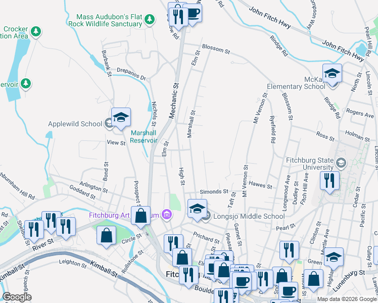 map of restaurants, bars, coffee shops, grocery stores, and more near 45 Johnson Street in Fitchburg