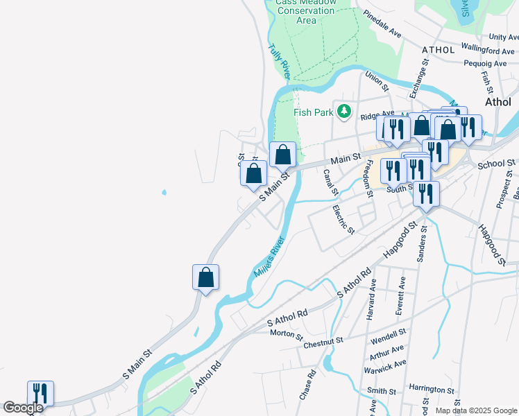 map of restaurants, bars, coffee shops, grocery stores, and more near 25 Bickford Drive in Athol