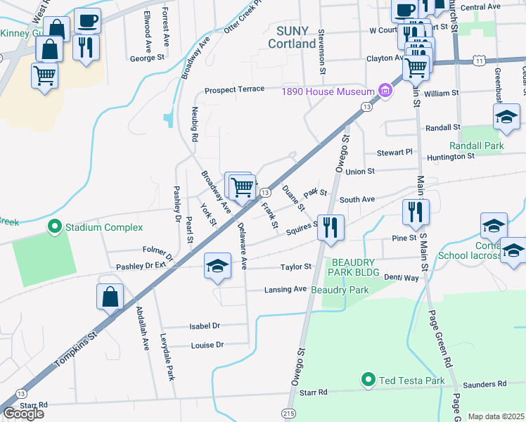 map of restaurants, bars, coffee shops, grocery stores, and more near 8 Frank Street in Cortland