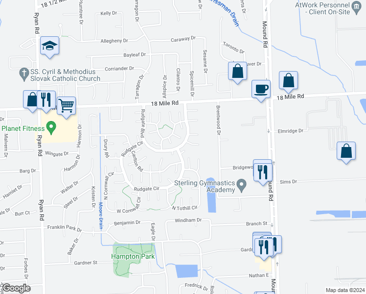 map of restaurants, bars, coffee shops, grocery stores, and more near 5136 Epsom Court in Sterling Heights