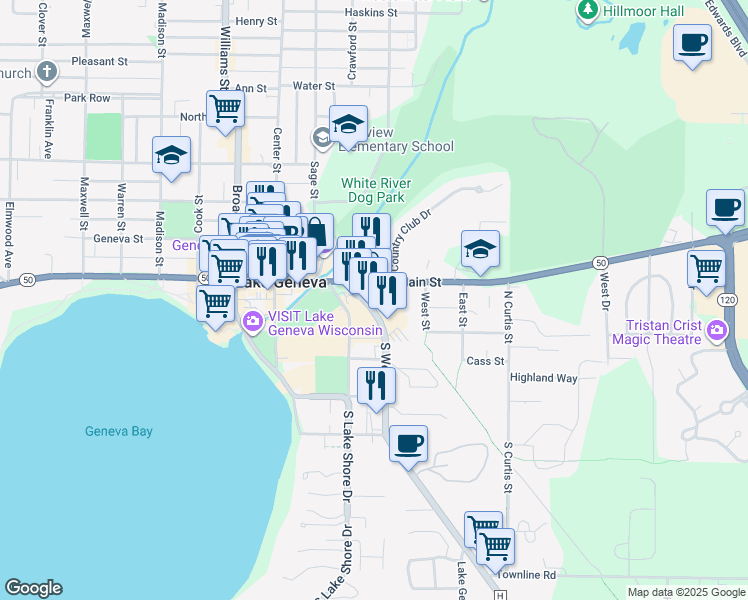map of restaurants, bars, coffee shops, grocery stores, and more near 131 North Wells Street in Lake Geneva