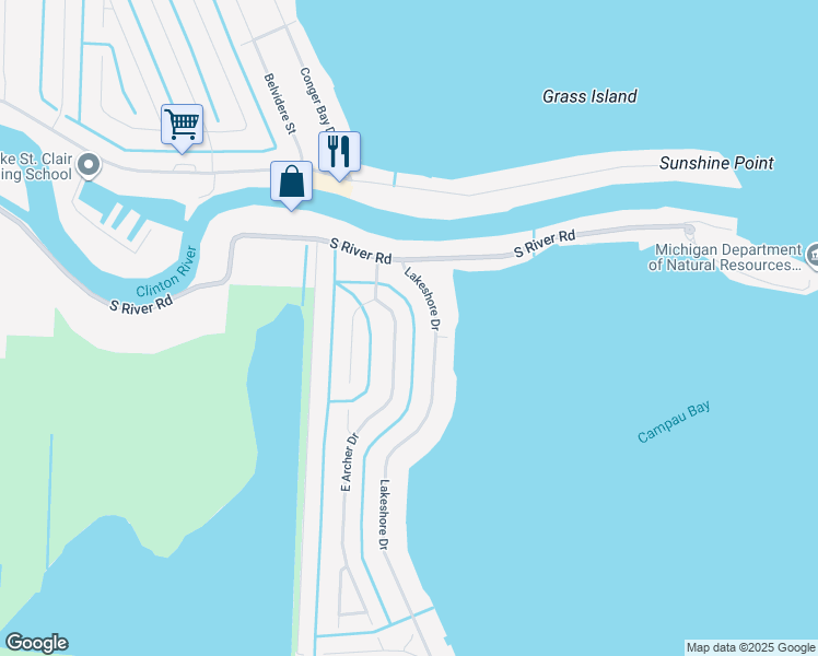 map of restaurants, bars, coffee shops, grocery stores, and more near 39457 Lakeshore Drive in Harrison Township