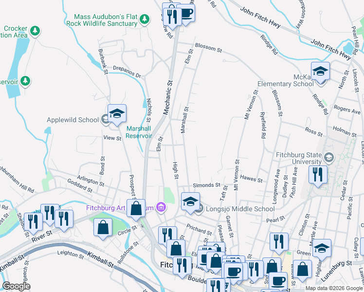 map of restaurants, bars, coffee shops, grocery stores, and more near 45 Johnson Street in Fitchburg