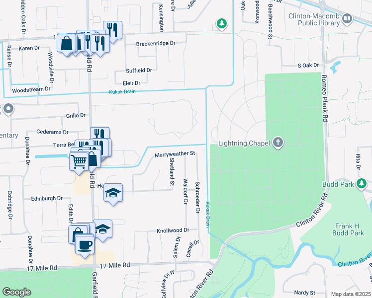 map of restaurants, bars, coffee shops, grocery stores, and more near 17545 Merryweather Street in Clinton Township